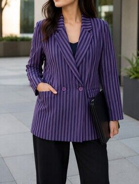 NWT ICHI Purple Stripe Double-Breasted Blazer Lightweight Tailored Career Office
